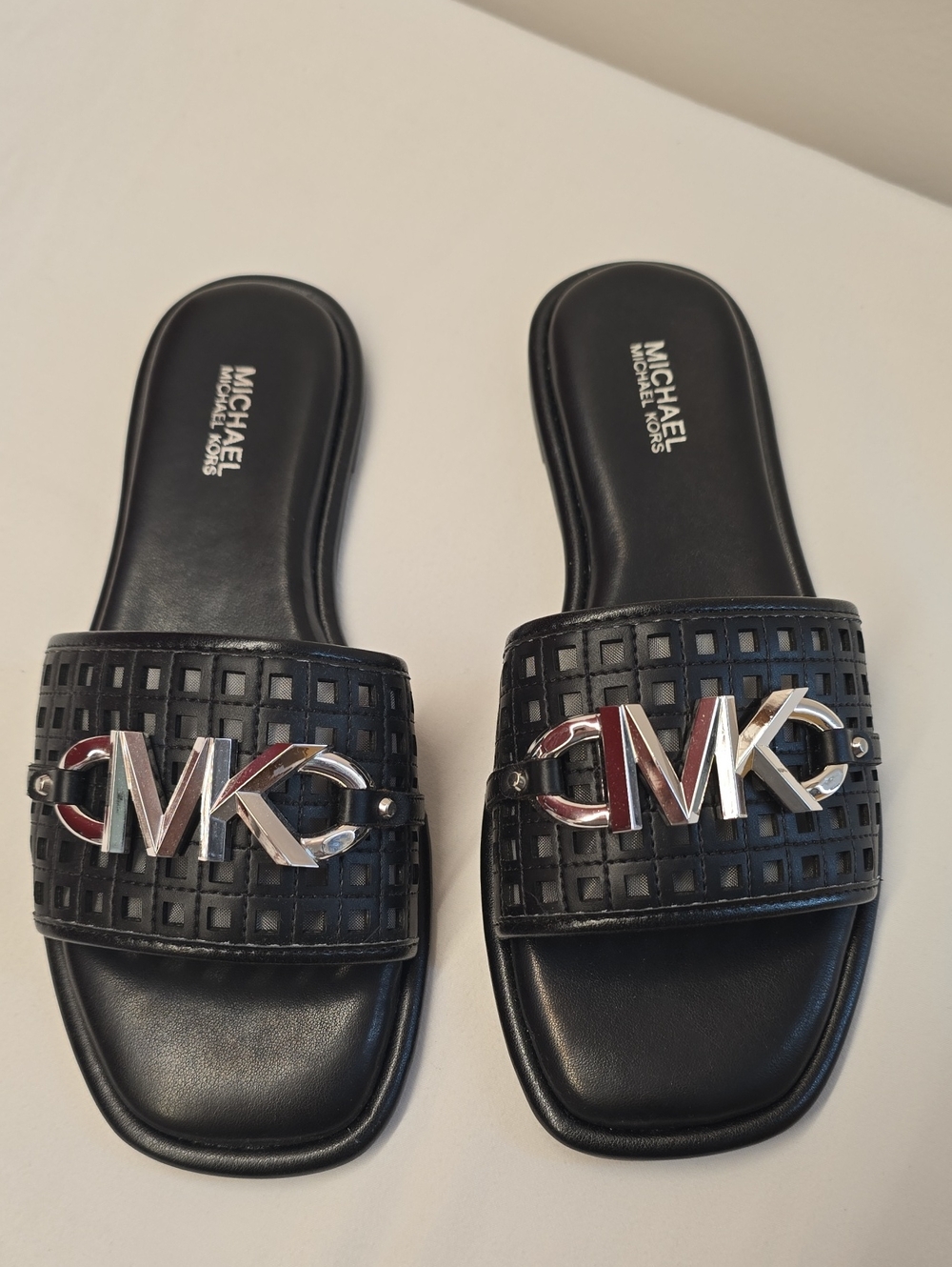 Michael Kors Black MK Logo Slide Sandals with Silver Accents